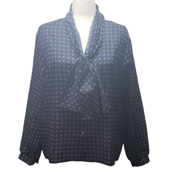 Vintage 60s Ship'n Shore Nautical Blouse Size L Blue Red Bow Collar Retro Mod - Picture 1 of 10